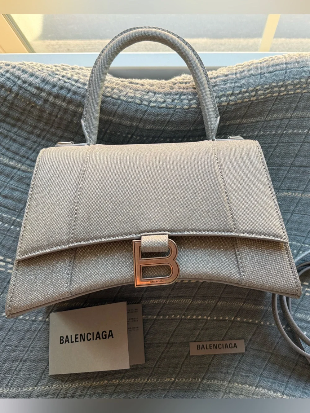 BALENCIAGA
Silver Glitter Fabric Hourglass Small Top Handle Bag - Picture 2 of 9